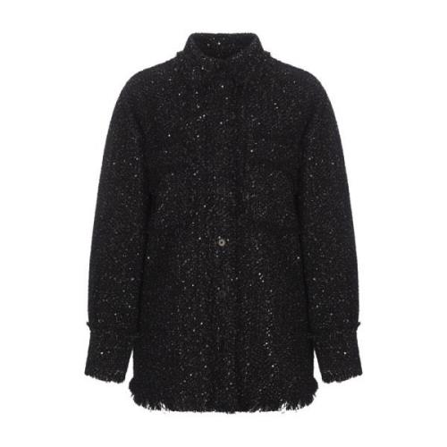 Zwarte Katoenen Tweed Shirt met Pailletten Msgm , Black , Dames