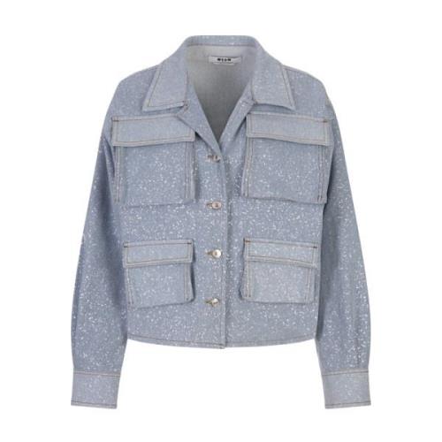 Blauwe Denim Oversized Jack met Vlekken Msgm , Blue , Dames