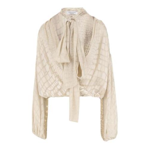 Blouse met Kokosmotief V-hals en Strik Blumarine , Beige , Dames