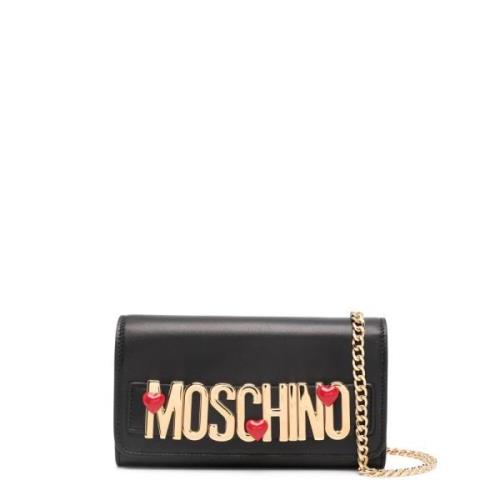 Zwarte Leren Clutch met Ketting Moschino , Black , Dames