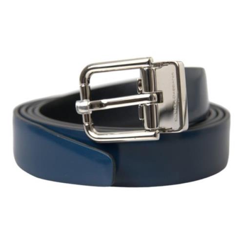 Navy Blue Leren Metalen Gesp Riem Dolce & Gabbana , Blue , Heren