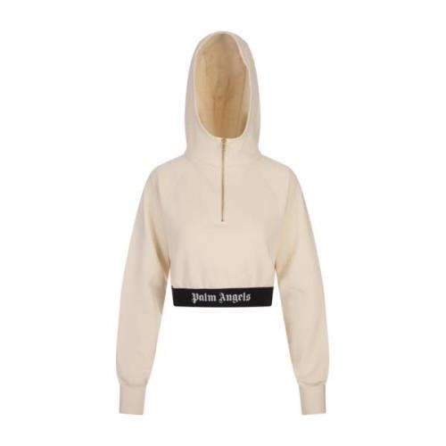 Witte Crop Hoodie met Logo Band Palm Angels , White , Dames