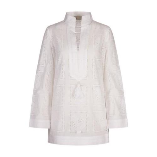 Witte Geperforeerde Katoenen Tuniek Jurk Tory Burch , White , Dames