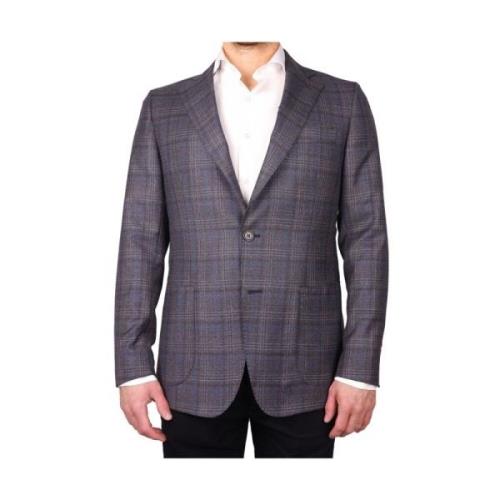 Wollen Blazer Blauw-Grijs Geruite Jas Made in Italia , Brown , Heren