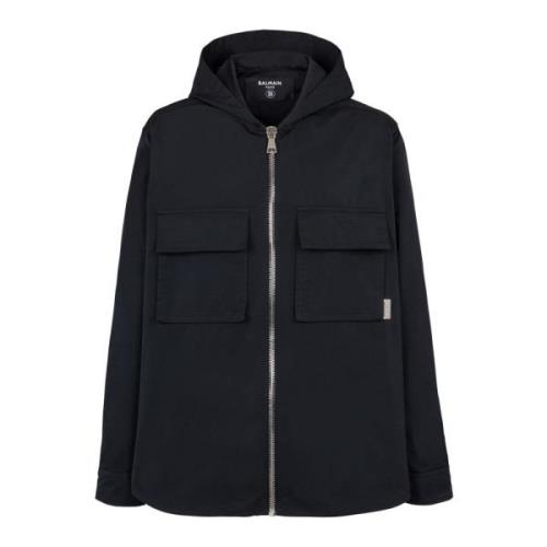 Voorzakken Hooded Taffeta Overshirt Balmain , Black , Heren