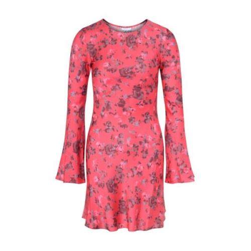 Bloemen Satijnen Mini Jurk Ganni , Pink , Dames