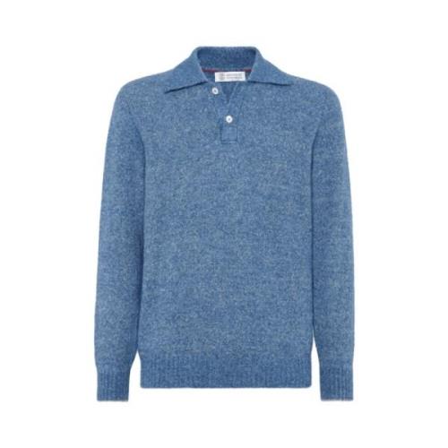 Blauwe Gebreide Polo Shirt Brunello Cucinelli , Blue , Heren