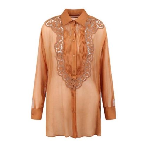 Zijden Georgette Kant Blouse Ermanno Scervino , Brown , Dames