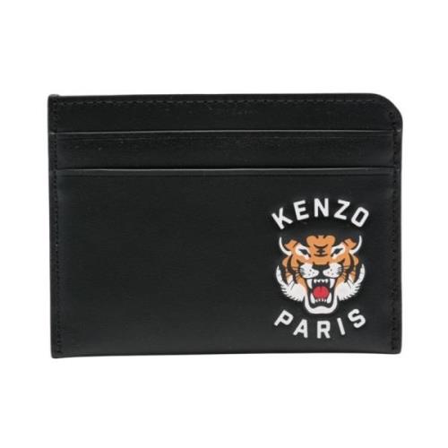 Zwarte Leren Portemonnee met Gedrukt Logo Kenzo , Black , Heren