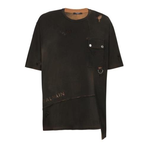 Asymmetrische Destroy Washout T-shirt Balmain , Black , Heren