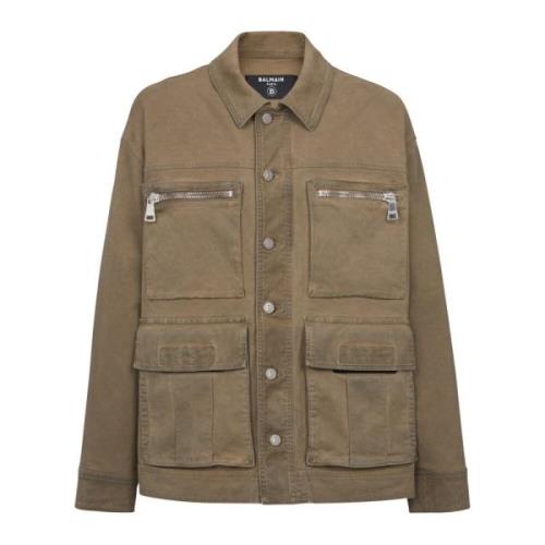 Multipocket Utilitarian Denim Jacket Balmain , Beige , Heren