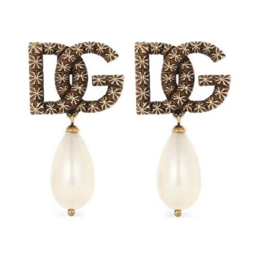 Gouden Drop Faux-Parel Oorbellen Dolce & Gabbana , Beige , Dames