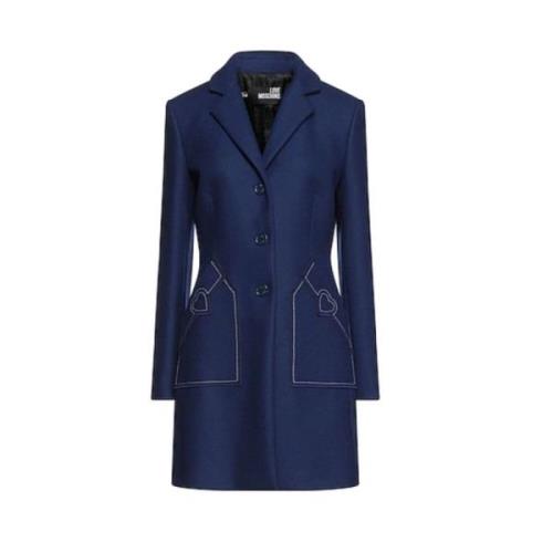 Blauwe wollen jas met hartborduursel Love Moschino , Blue , Dames