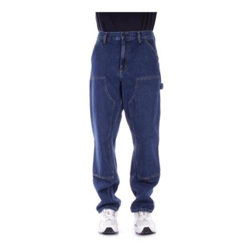 Blauwe Jeans Logo Achterkant Knoopsluiting Carhartt Wip , Blue , Heren