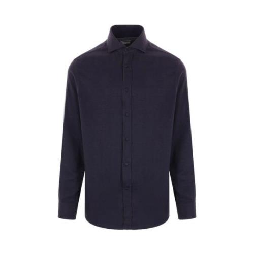 Navy Blue Katoenmix Knoopshirt Brunello Cucinelli , Blue , Heren