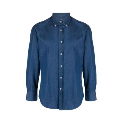 Blauwe Denim Katoenen Overhemd Klassieke Kraag Brunello Cucinelli , Bl...