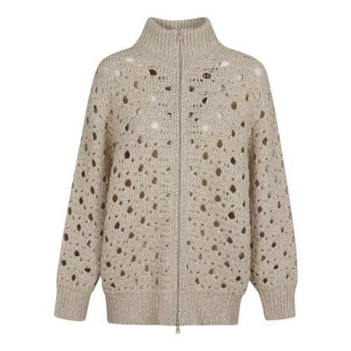 Panama Cardigan met rits Brunello Cucinelli , Beige , Dames