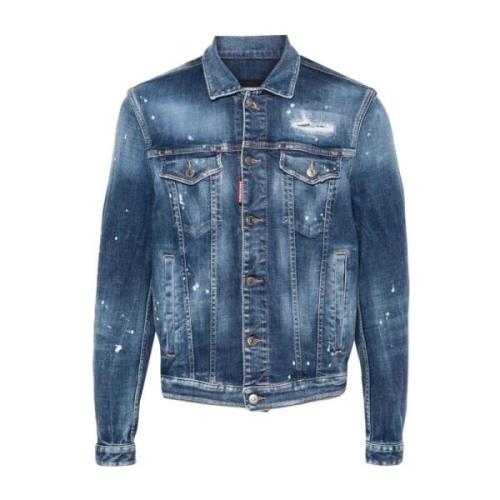 Denim Distressed Paint Splatter Jacket Dsquared2 , Blue , Heren