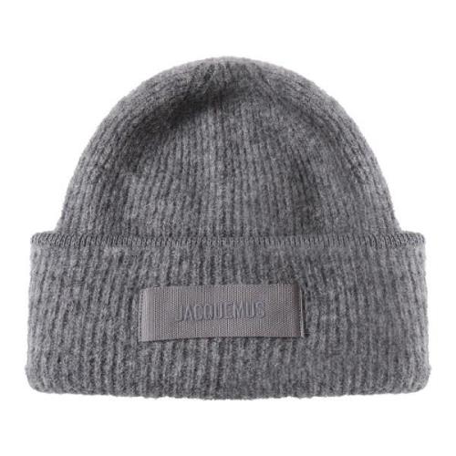 Donkergrijze Wollen Blend Beanie Hoed Jacquemus , Gray , Unisex