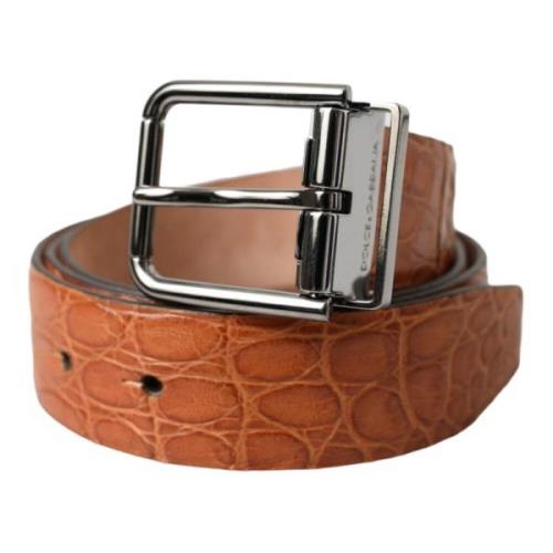 Exotische leren riem met zilveren gesp Dolce & Gabbana , Brown , Heren