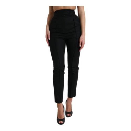 Zwarte Wol Tapered Broek Hoge Taille Dolce & Gabbana , Black , Dames