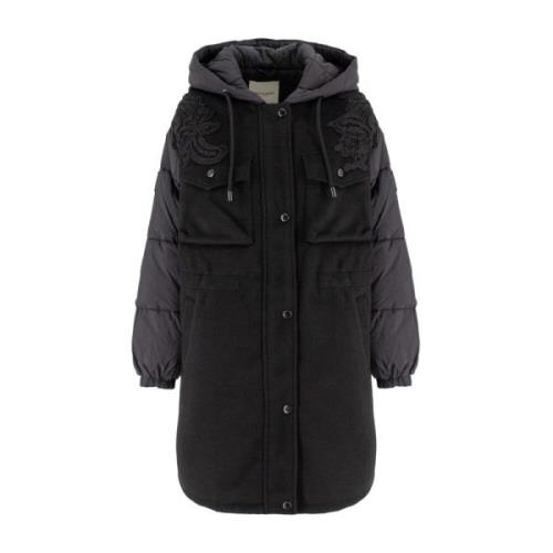 Bi-materiaal Bloemenapplicatie Parka Ermanno Scervino , Black , Dames