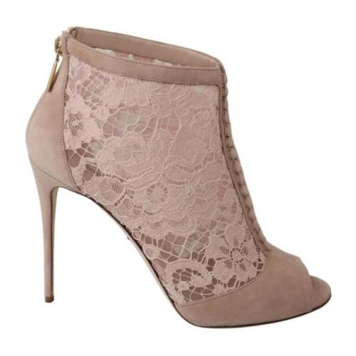 Beige Lace Suede Peep Toe Booties Dolce & Gabbana , Beige , Dames