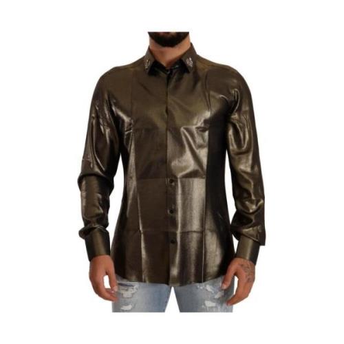 Kroon Geborduurd Zijden Shirt Goud Dolce & Gabbana , Yellow , Heren