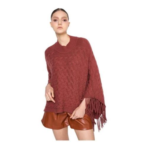 Gebreide Poncho met Ronde Hals en Franjes Silvian Heach , Brown , Dame...