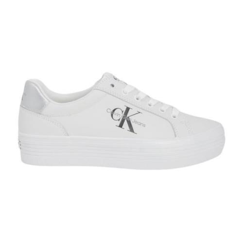 Zilveren bedrukte leren sneakers voor vrouwen Calvin Klein , White , D...