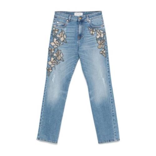 Heldere Blauwe Bloemen Slim Fit Jeans Ermanno Scervino , Blue , Dames