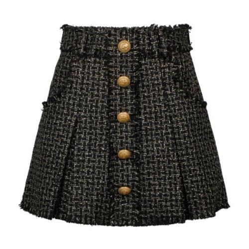 Zwart Goud Tweed Geplooide Minirok Balmain , Black , Dames