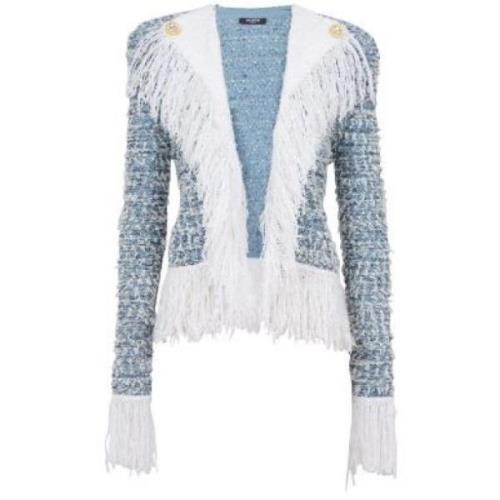 Blauw & Wit Franje Jas Balmain , Blue , Dames