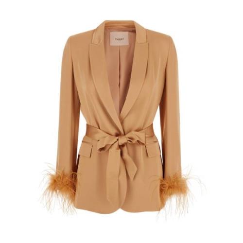 Beige Peak Revers Jas Veren Manchetten Twinset , Beige , Dames