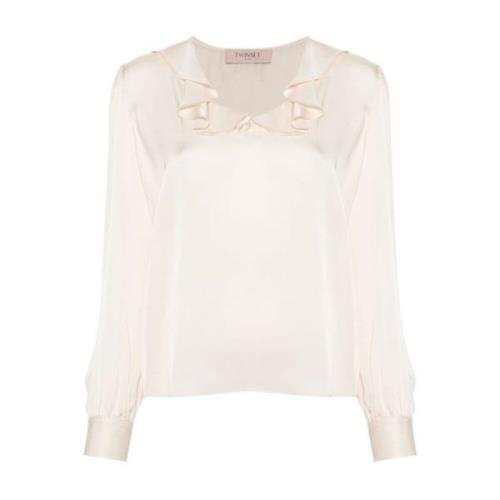 Ruche Kraag Roze Satijnen Blouse Twinset , Pink , Dames