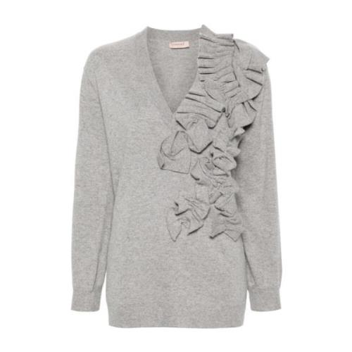 Grijze Gebreide Gerimpelde V-hals Jurk Twinset , Gray , Dames