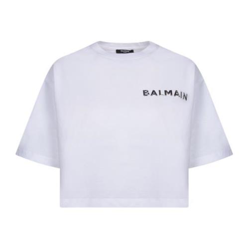 Wit T-shirt met gelamineerd logo Balmain , White , Dames