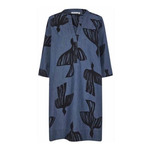 Denim Jurk met V-Hals en Print Masai , Blue , Dames