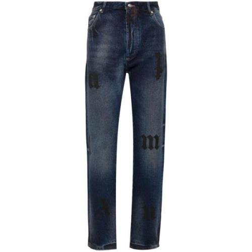 Denim Jeans Logo Print Straight Leg Palm Angels , Blue , Heren