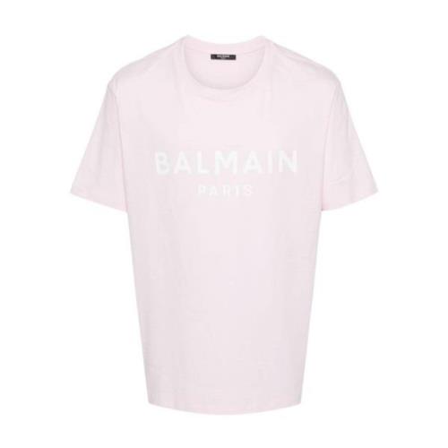 Roze Wit Logo Print T-shirt Balmain , Pink , Heren