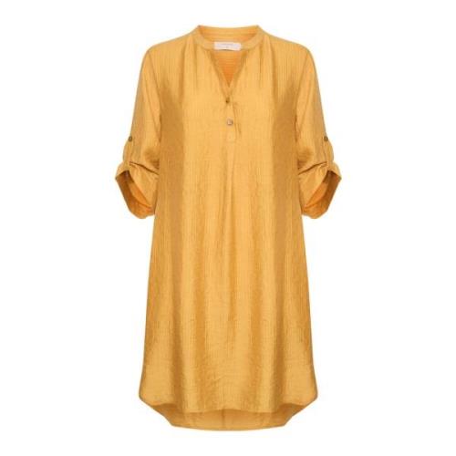 Elegante Jurk met V-Hals en 3/4 Mouwen Cream , Yellow , Dames