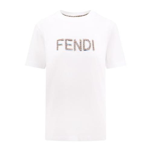 Pailletdetail Katoen Crew-neck T-shirt Fendi , White , Dames