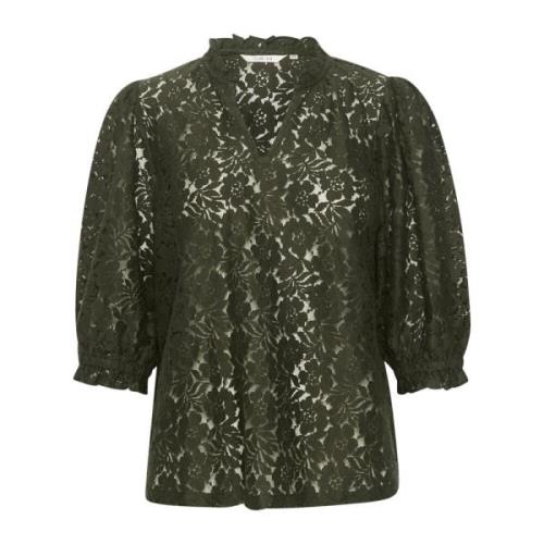 Kanten blouse met geborduurde kant Cream , Green , Dames