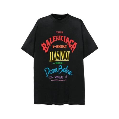 Versleten Katoenen T-shirt met Slogan Print Balenciaga , Black , Heren