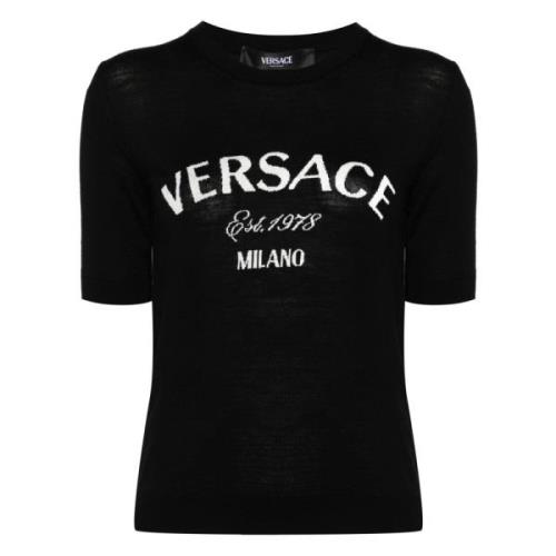 Zwarte Gebreide Trui Milan Logo Versace , Black , Dames