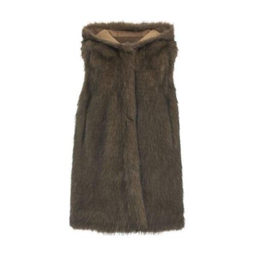 Faux Fur Hooded Vest Bully , Brown , Dames