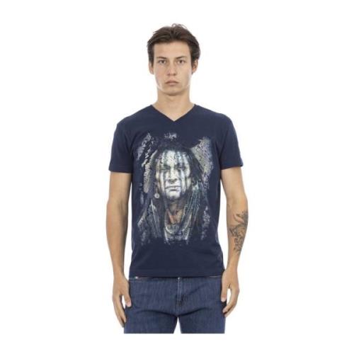 Korte Mouw V-hals T-shirt - Frontprint Trussardi , Blue , Heren