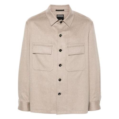 Cashmere Overshirt met knoopsluiting Ermenegildo Zegna , Beige , Heren