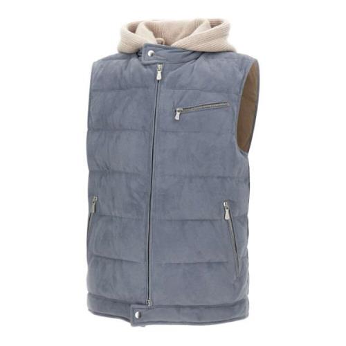 Suède Vest met Capuchon Eleventy , Blue , Heren