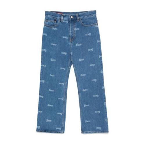 Logo Print Denim Broek Gucci , Blue , Dames